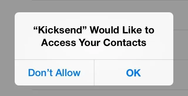 "Permission request for Kicksend to access contacts"