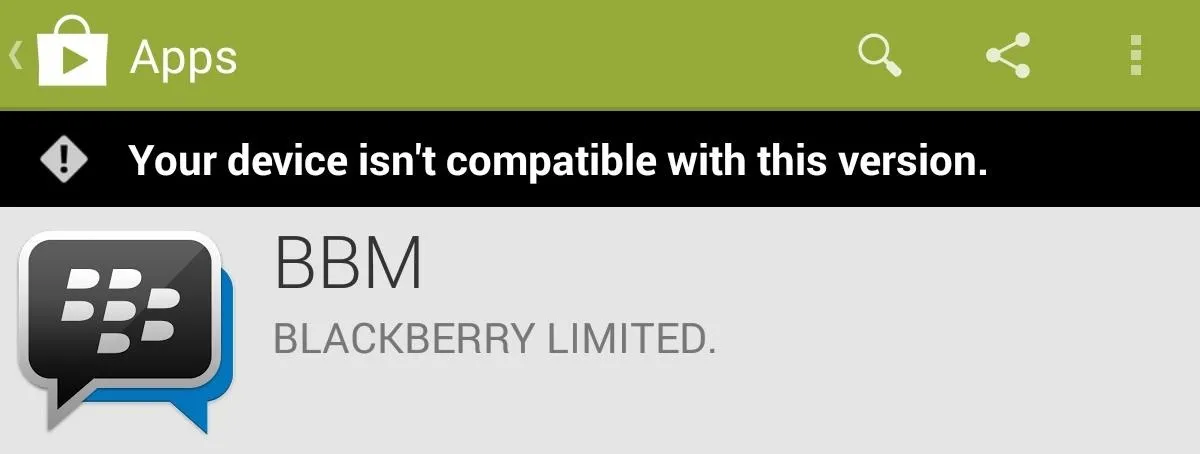 BlackBerry Messenger app compatibility alert for Android devices.