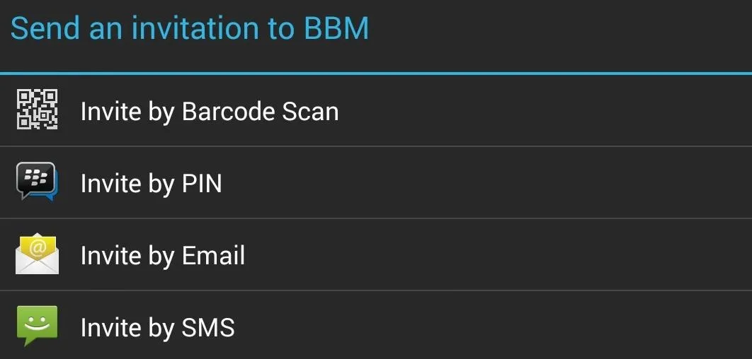 Send an invitation to BBM with options for Barcode Scan, PIN, Email, and SMS.