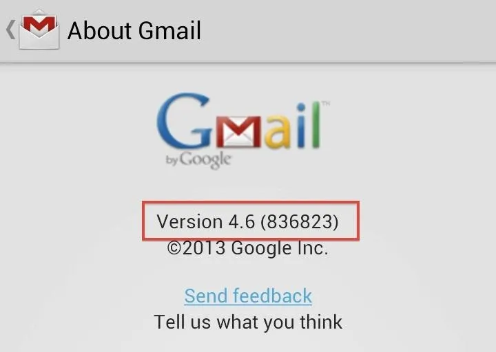 Gmail app version information screen showing version 4.6.