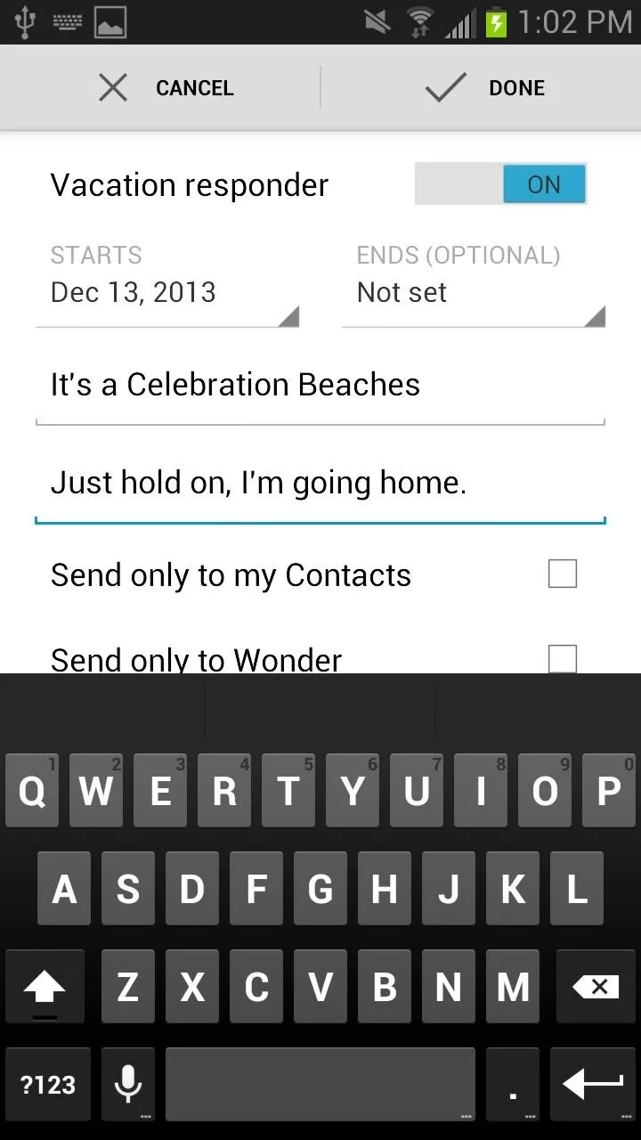 Vacation responder settings on a mobile device with date and message input.