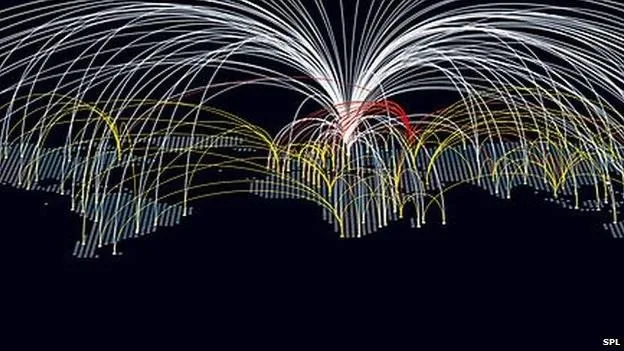 Global network connectivity visualization with intersecting lines representing data flow.