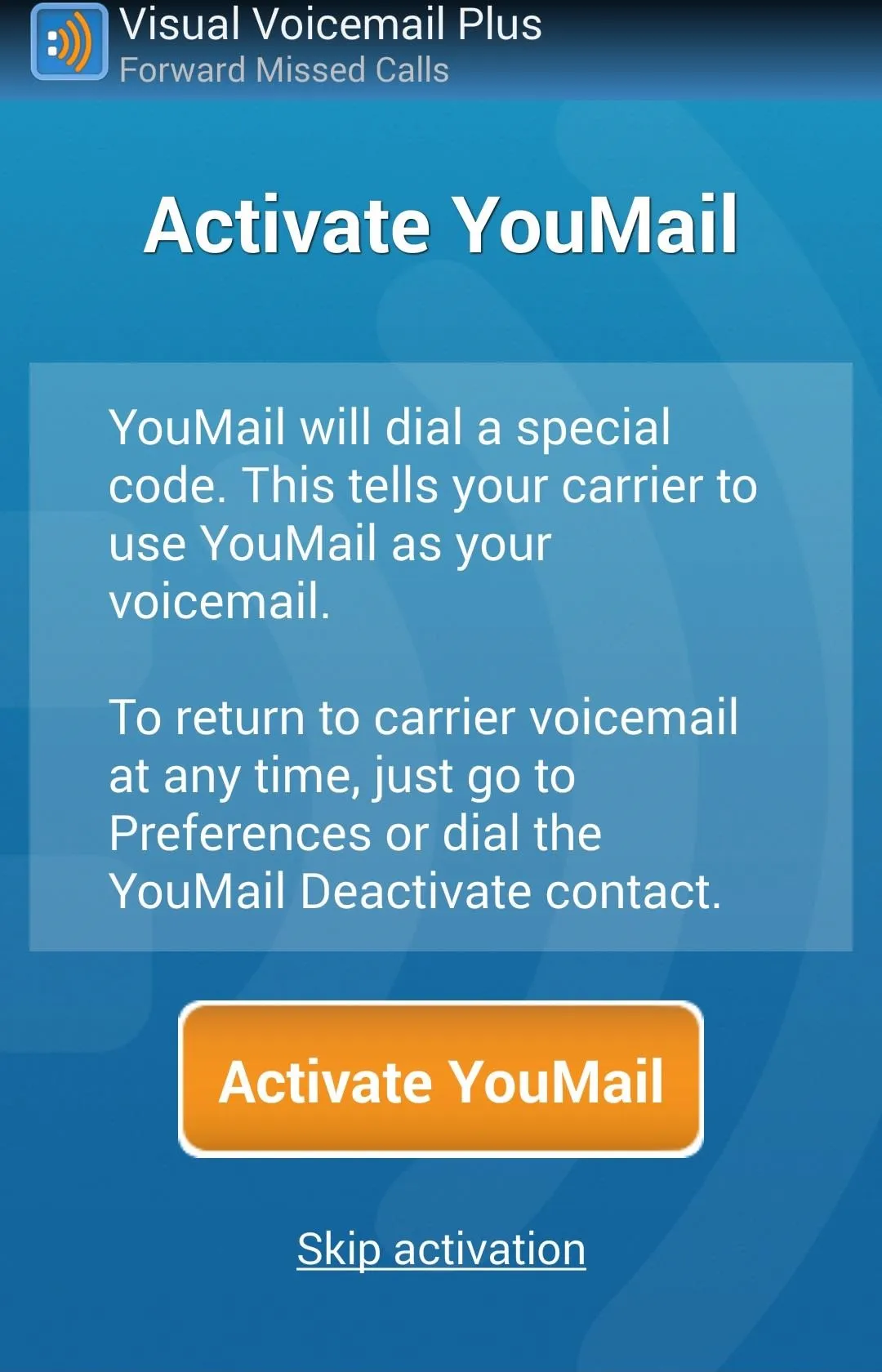 Activate YouMail screen with instructions and a button.