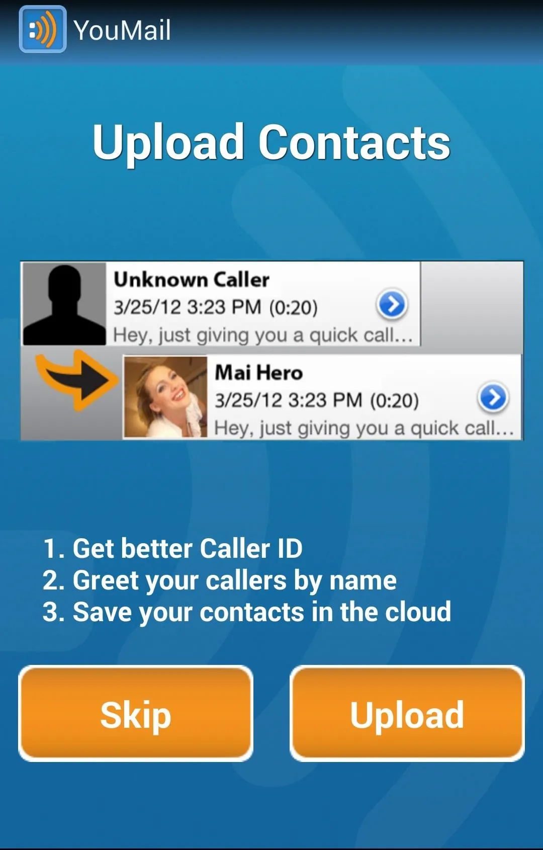 Upload contacts app interface with caller ID options.