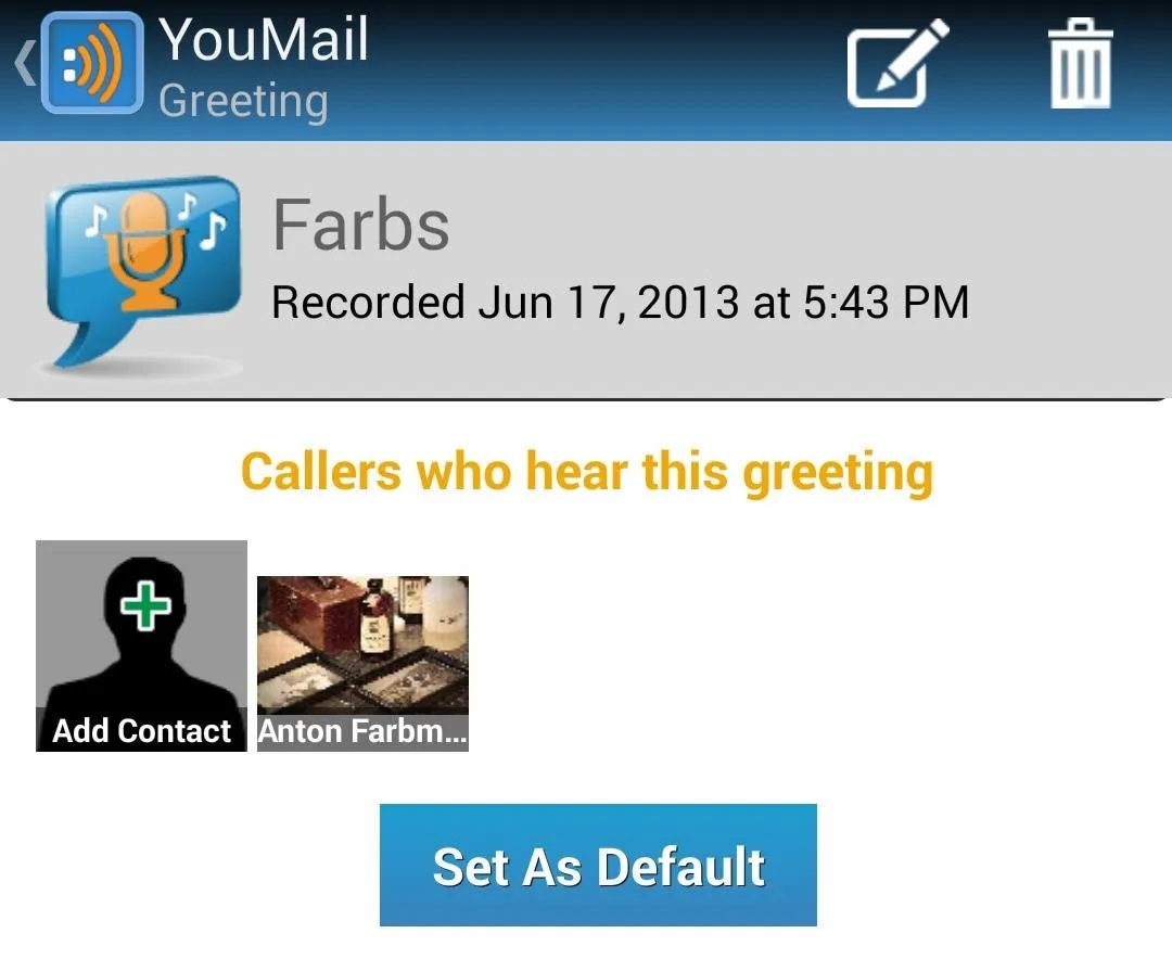 Voicemail greeting setup screen with options to add contact and set default greeting.