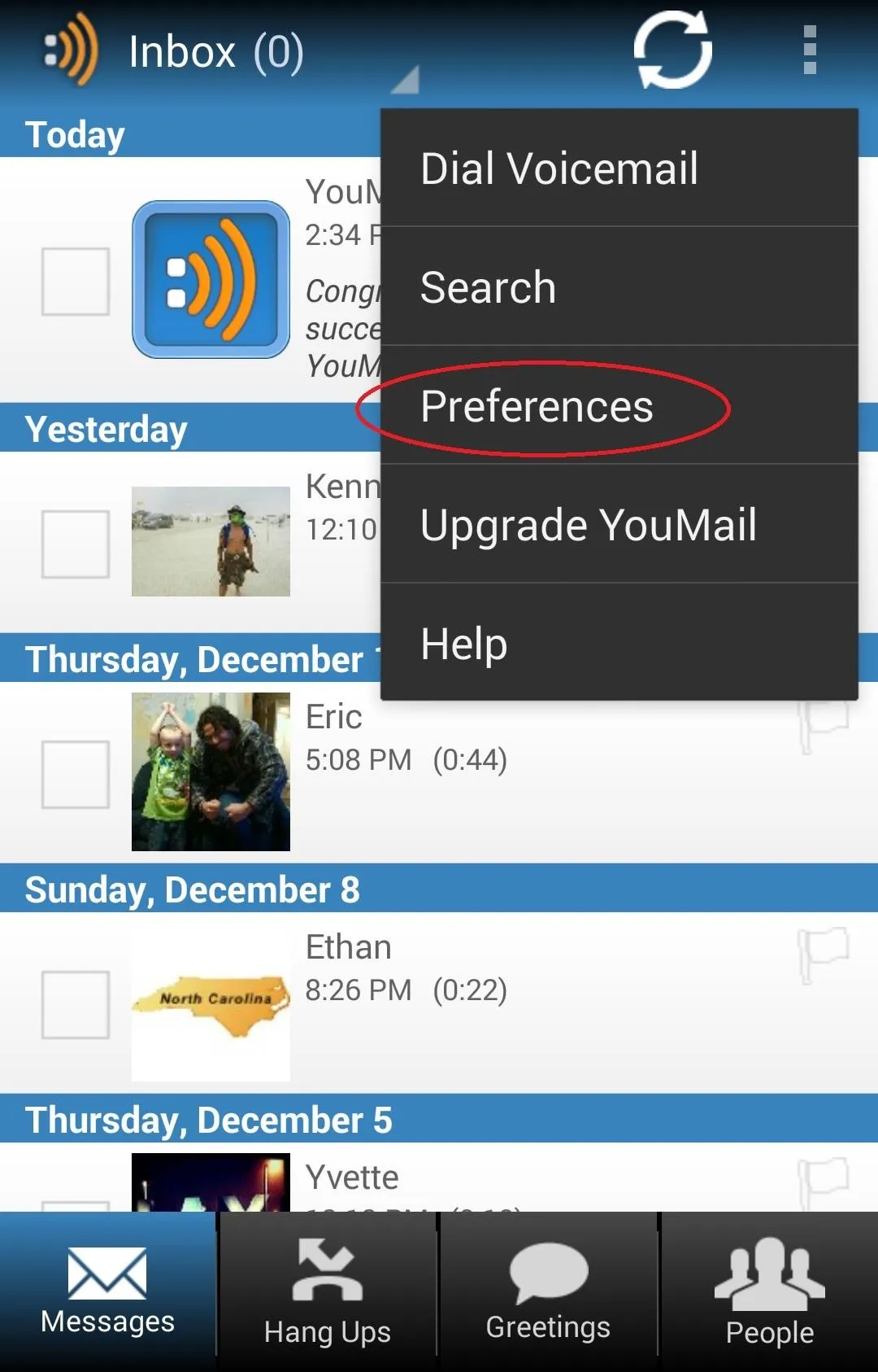 Mobile app interface displaying inbox options and preferences menu.