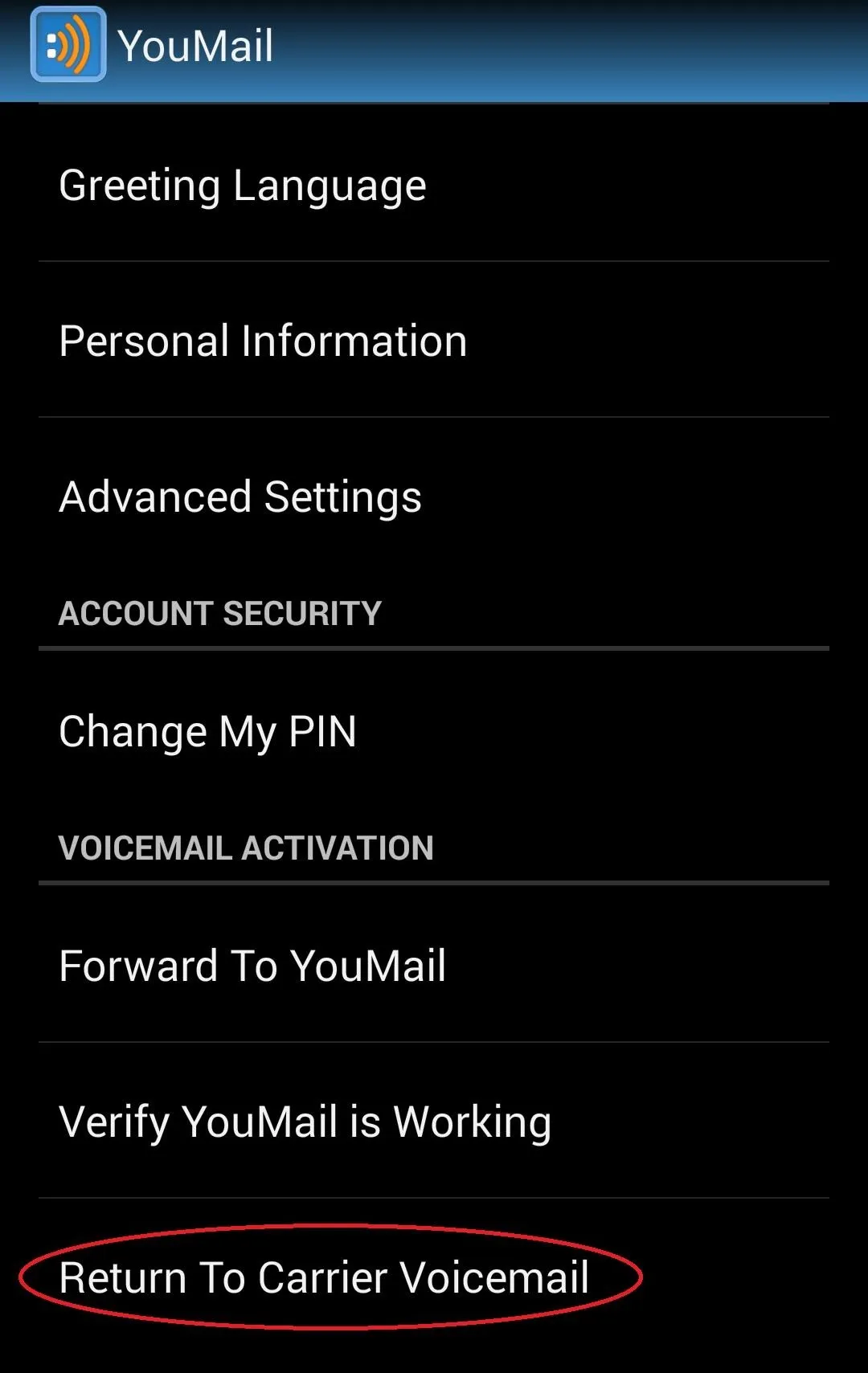 YouMail app settings interface with options for language, account security, and voicemail features.