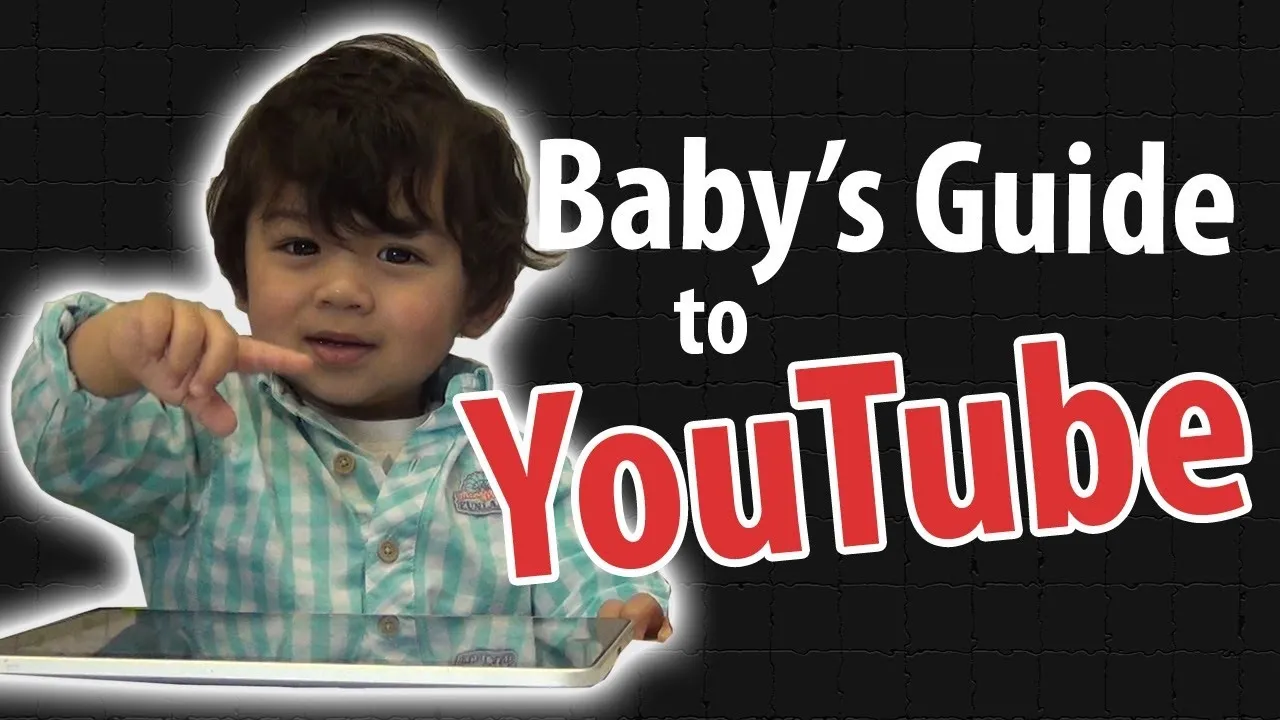 Baby pointing at a tablet with text "Baby's Guide to YouTube"