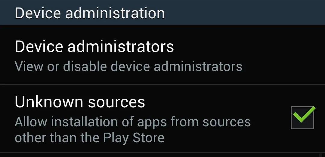 Device administration settings with options for device administrators and enabling unknown sources for app installation.