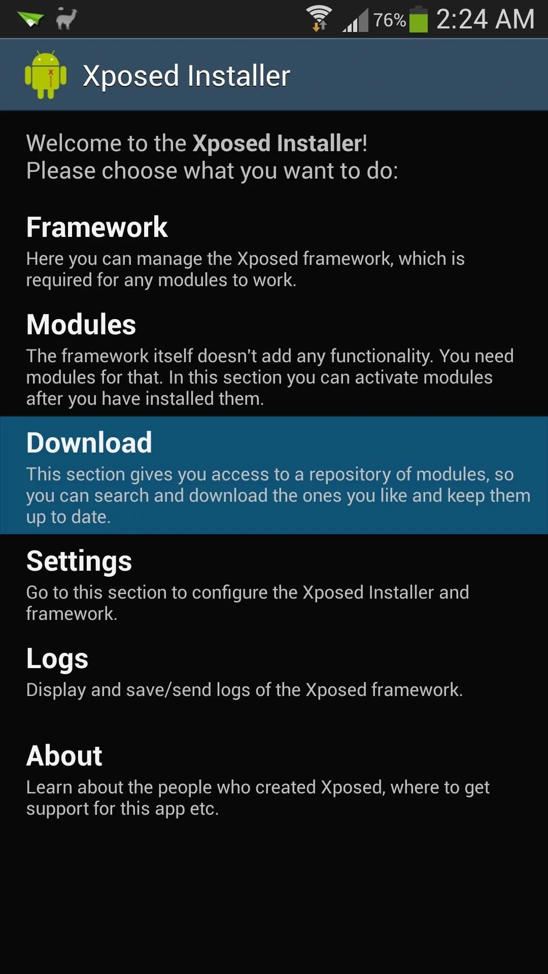 Xposed Installer application interface on an Android device.