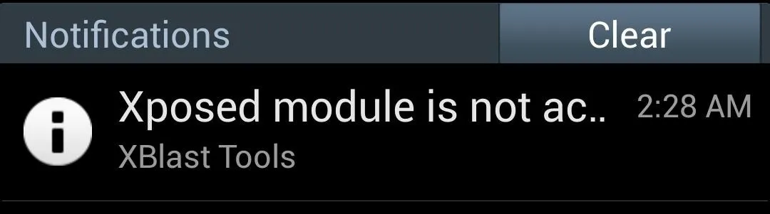 Notification indicating that the Xposed module is not active.