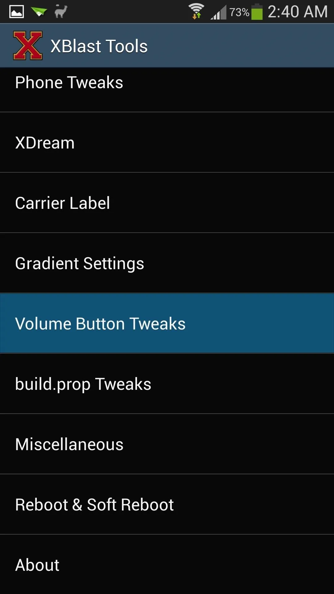 Settings menu of a mobile application with options for volume button tweaks and other features.