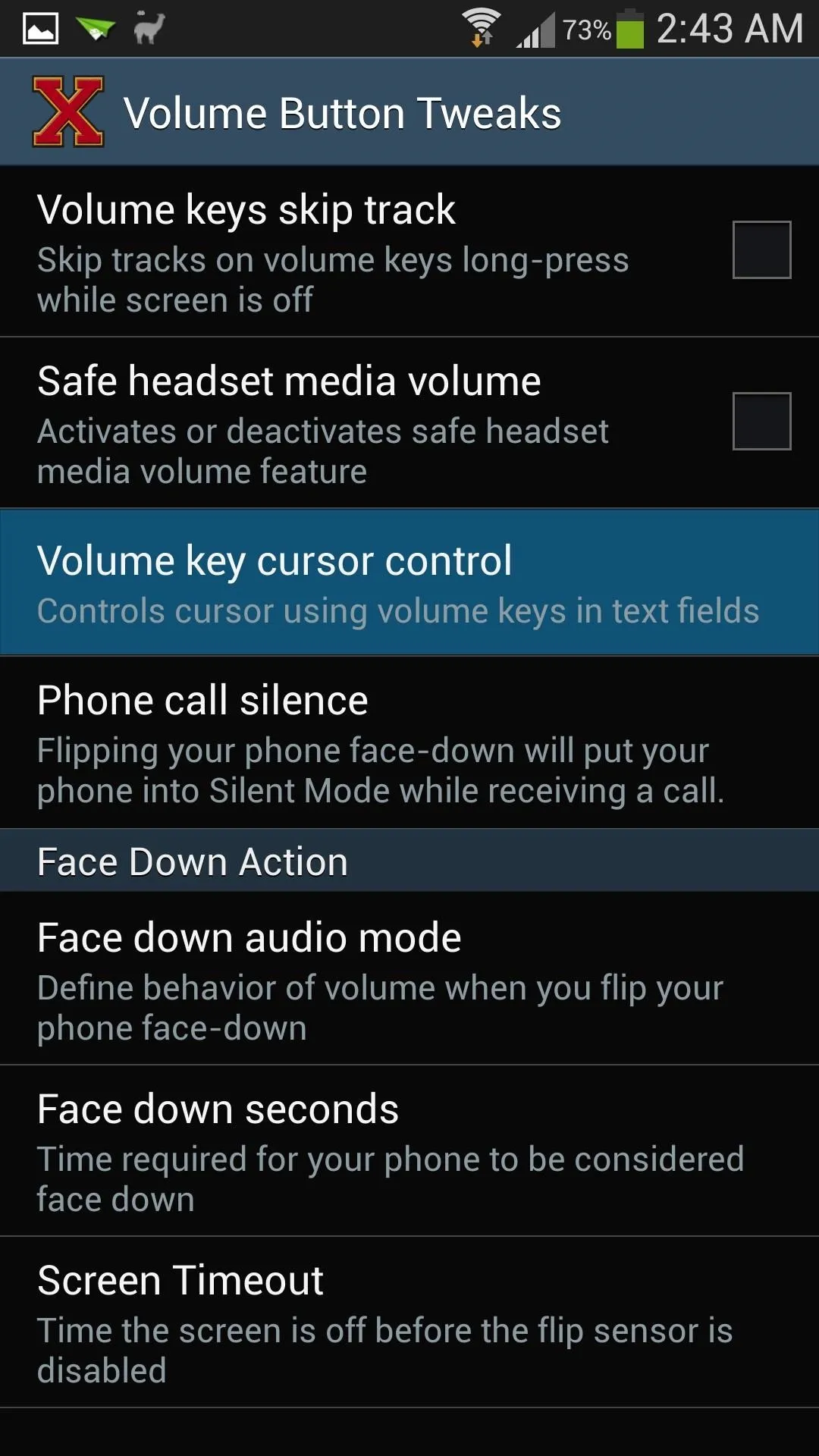 Volume button settings and controls interface on a mobile device.