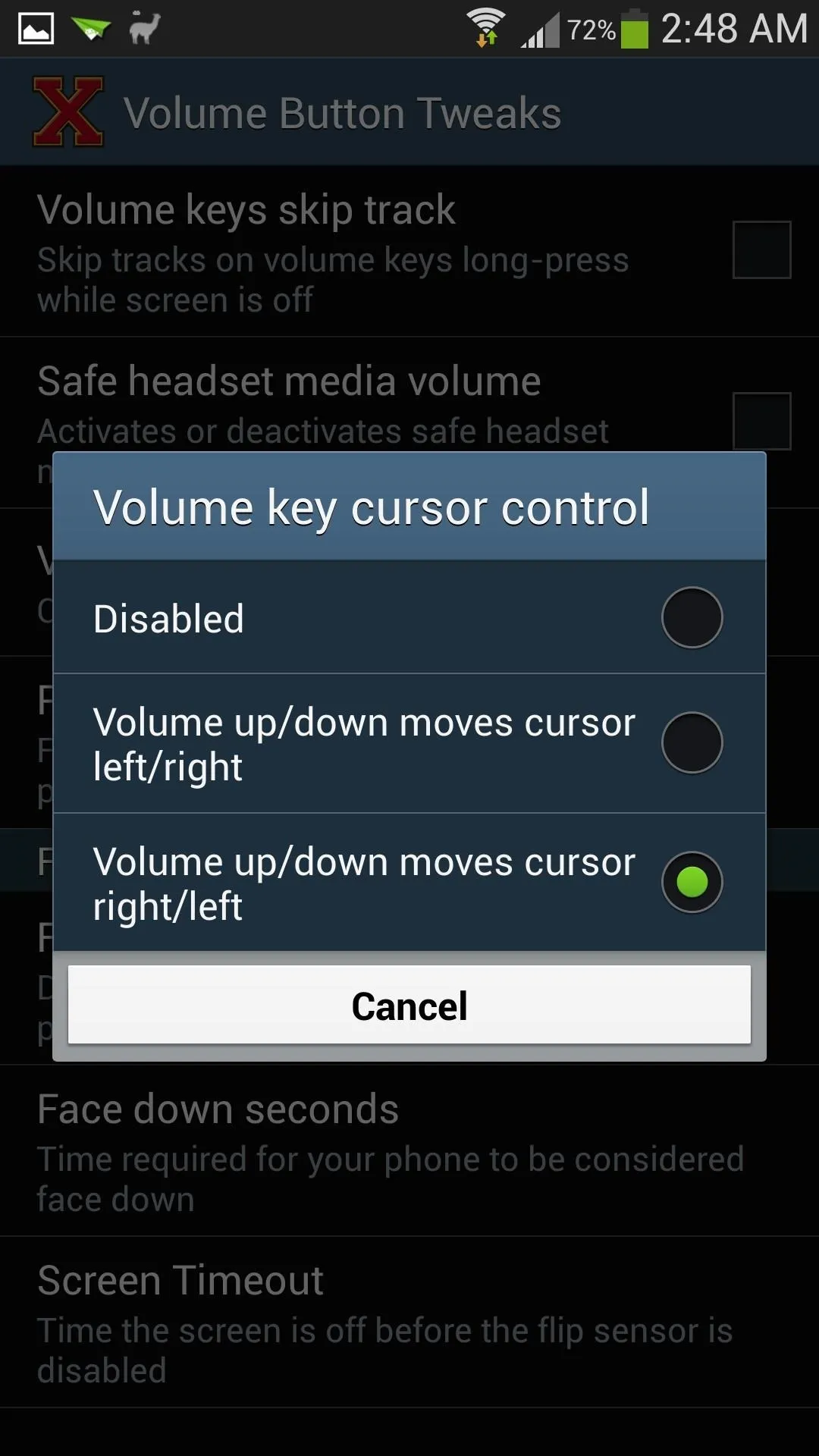 Volume button settings interface on a smartphone.