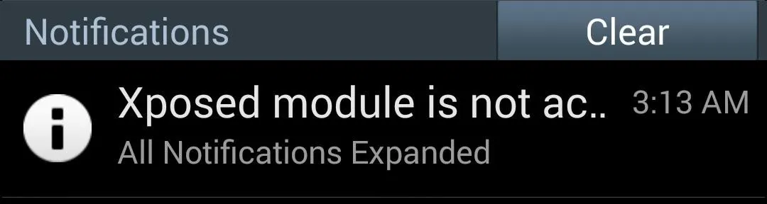 Xposed module notification on an Android device.