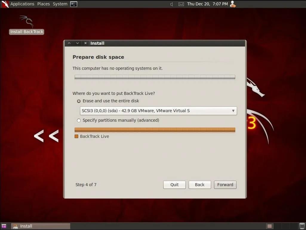 Disk space management interface for BackTrack Linux installation.