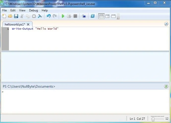 Code editor interface displaying a "Hello, World!" program.