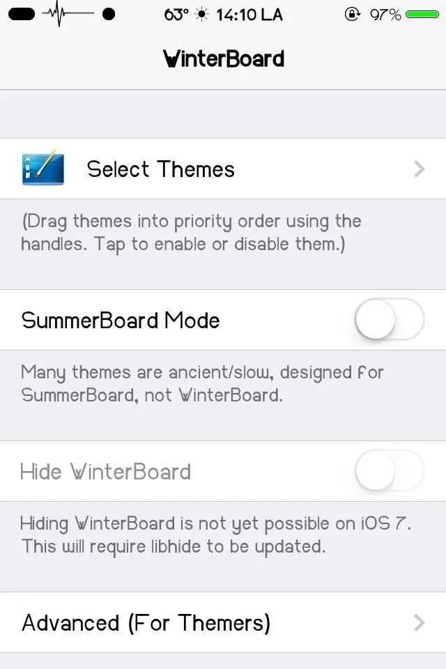 WinterBoard settings interface on an iOS device.