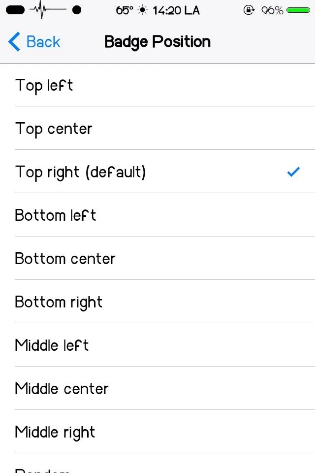 Badge position options on a mobile app settings menu.