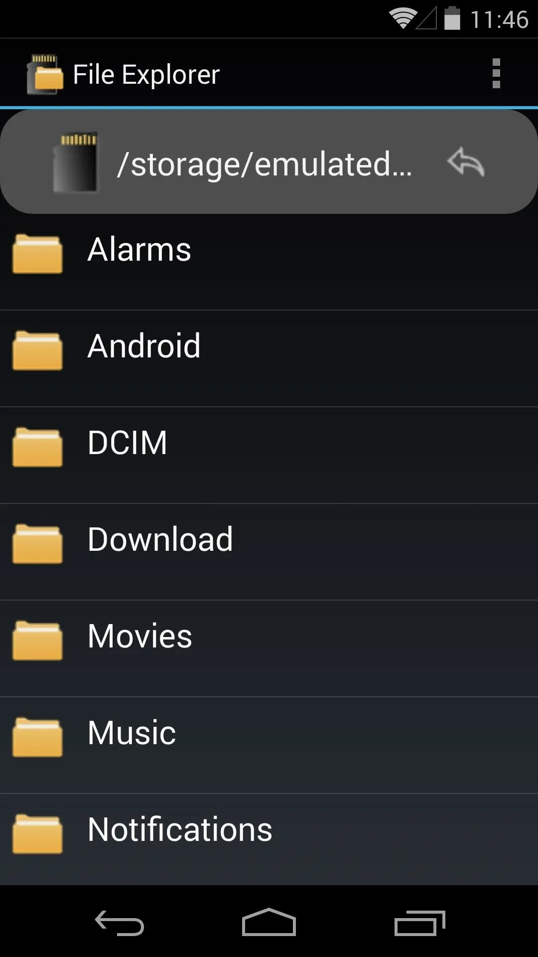 File explorer interface displaying various folders including Alarms, Android, DCIM, Download, Movies, and Notifications.