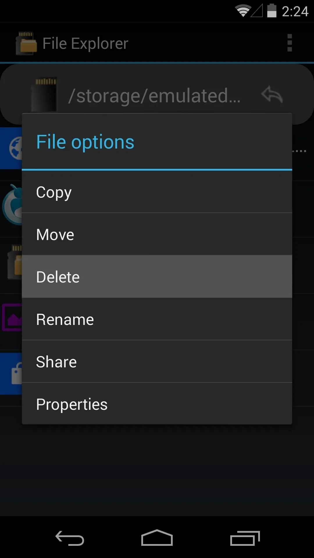 File explorer interface showing options to manage files, including 'Copy', 'Move', 'Delete', 'Rename', 'Share', and 'Properties'.