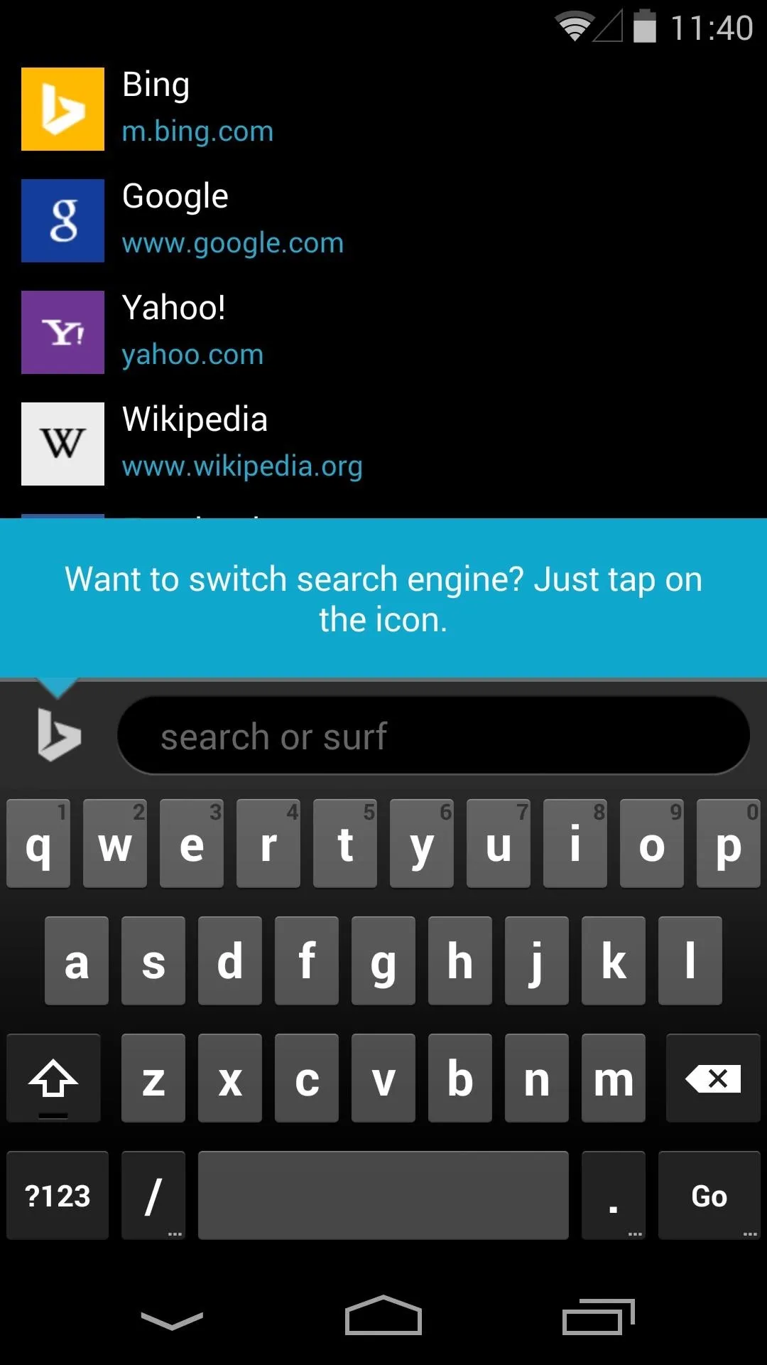 Search engine options on a mobile device with a keyboard input.