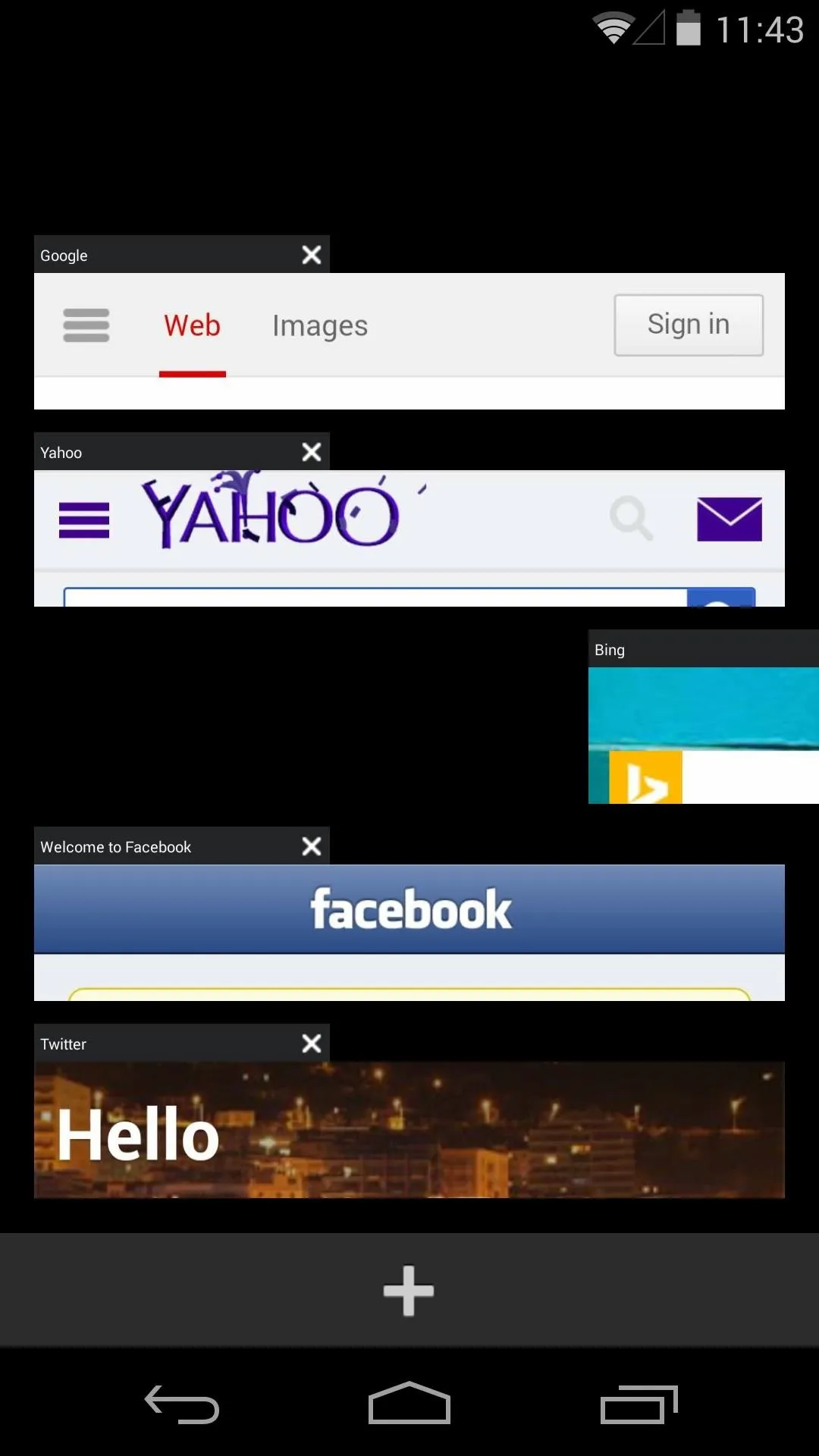 Web browser screen displaying search engine and social media sites.