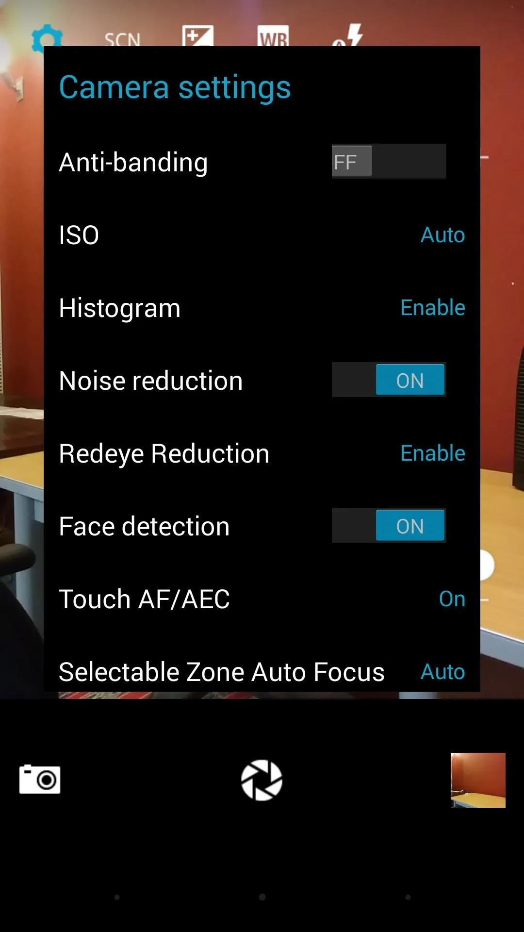 Camera settings interface showing options for anti-banding, HDR, noise reduction, face detection, and touch autofocus.