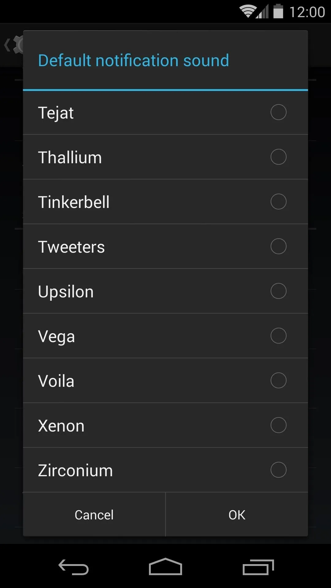 Default notification sound settings on a mobile device.