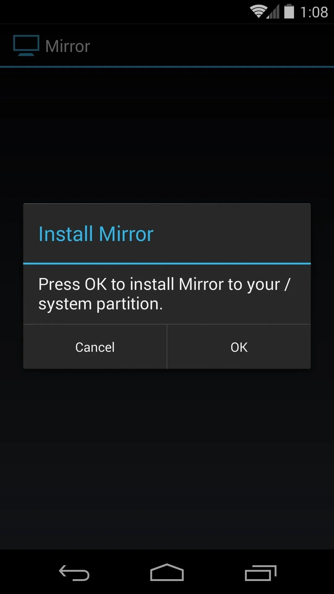 Install Menu prompt with options to confirm or cancel installation.