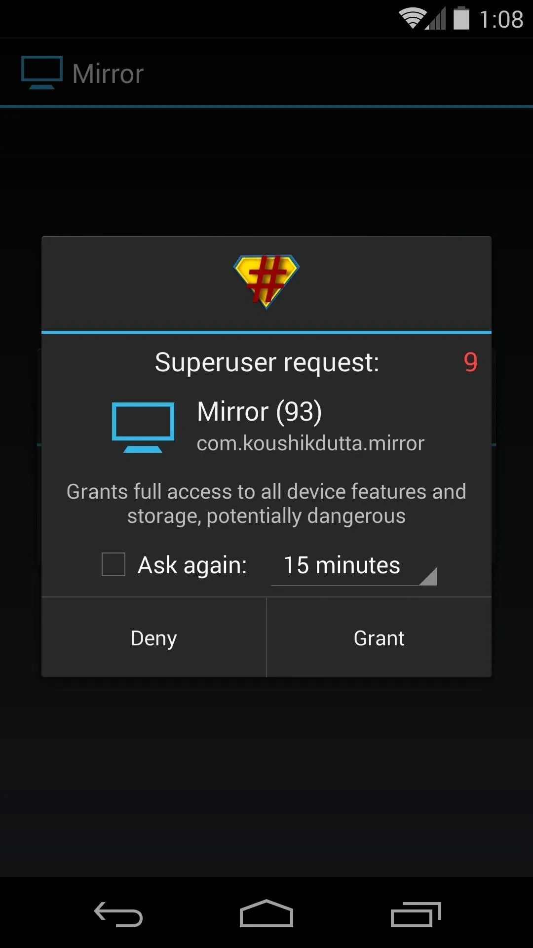 Screen prompt for a mirroring application requesting access to personal data and settings.