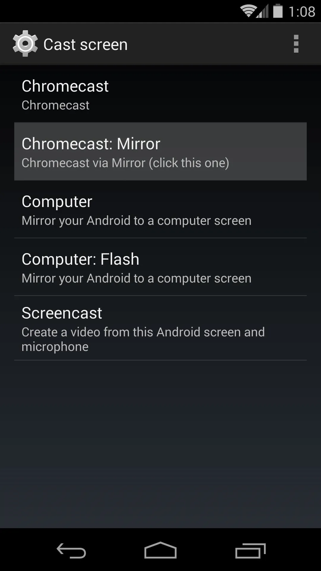 Cast screen options on Android device.