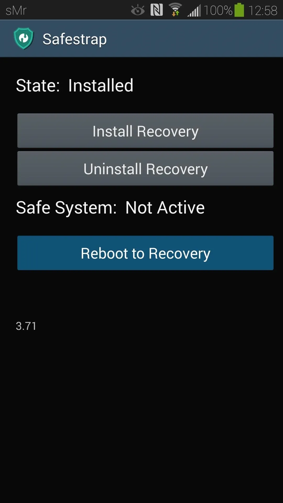 Recovery options screen on a device showing installed and uninstall options for recovery software.