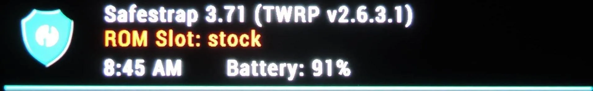 Safestrap 3.71 (TWRP v2.6.3.1) interface showing ROM slot and battery status.