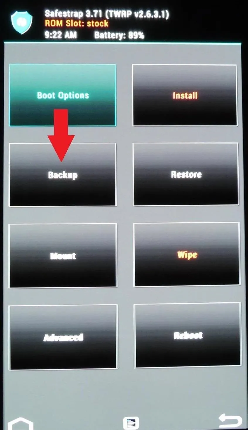 Backup options menu on a mobile device.