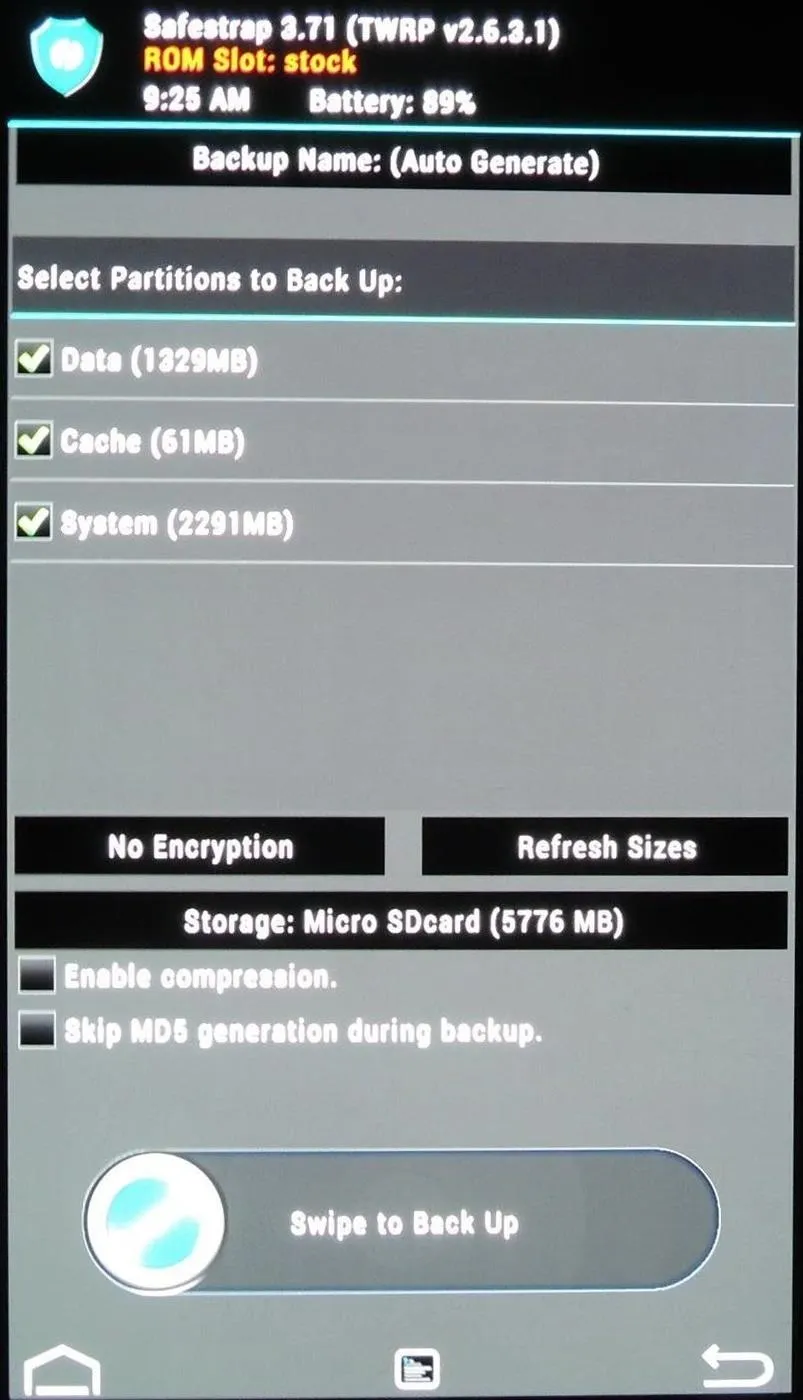 Backup settings interface displaying options for performing a backup, including permissions and storage information.