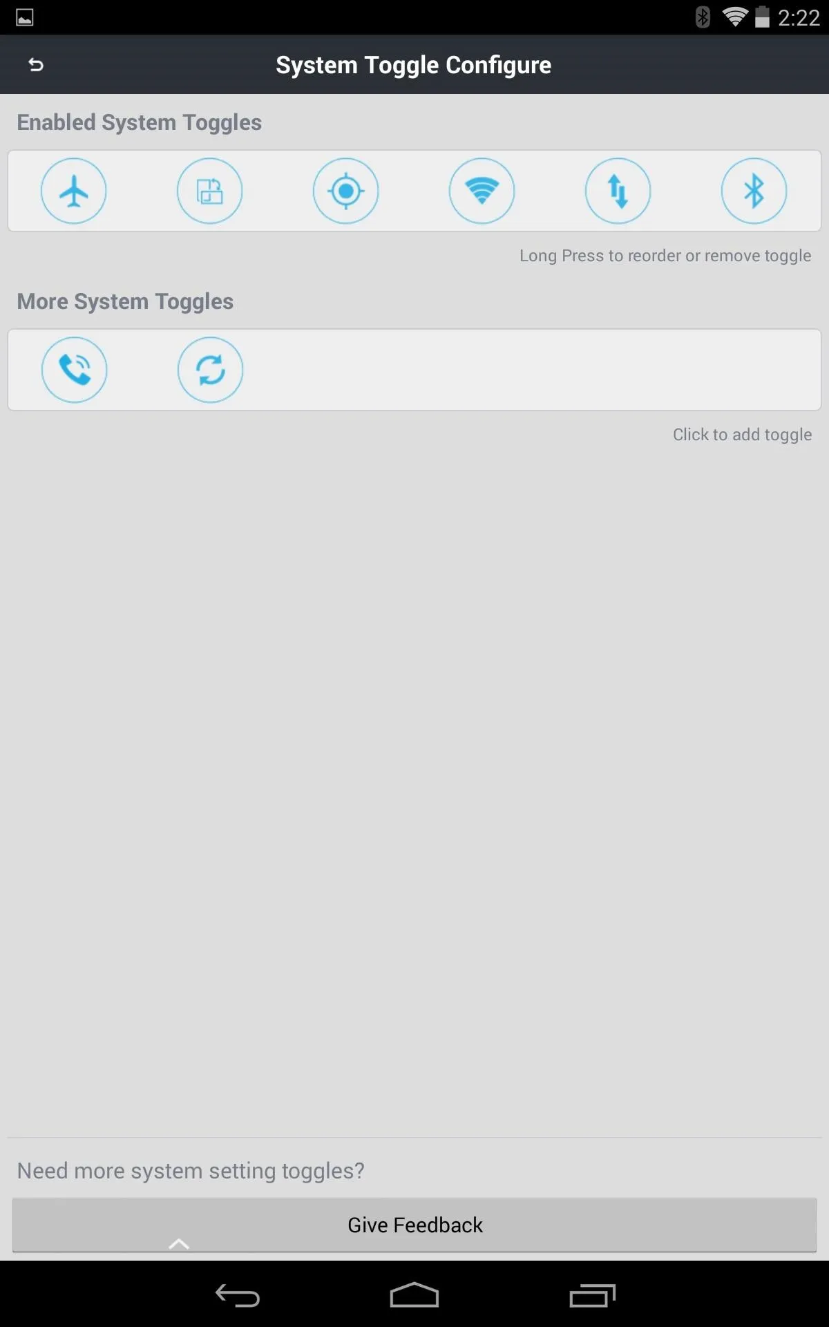 System toggle configuration interface with options for system toggles.