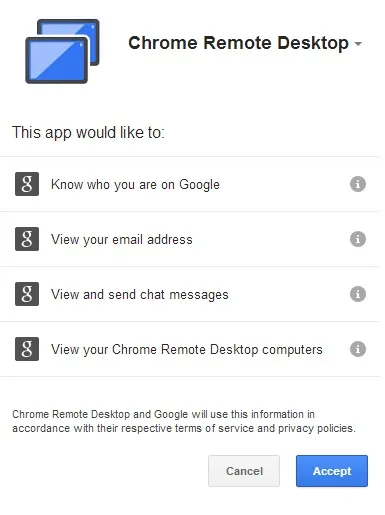 Chrome Remote Desktop app permissions request screen.