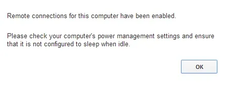 Remote connection settings notification on a computer.