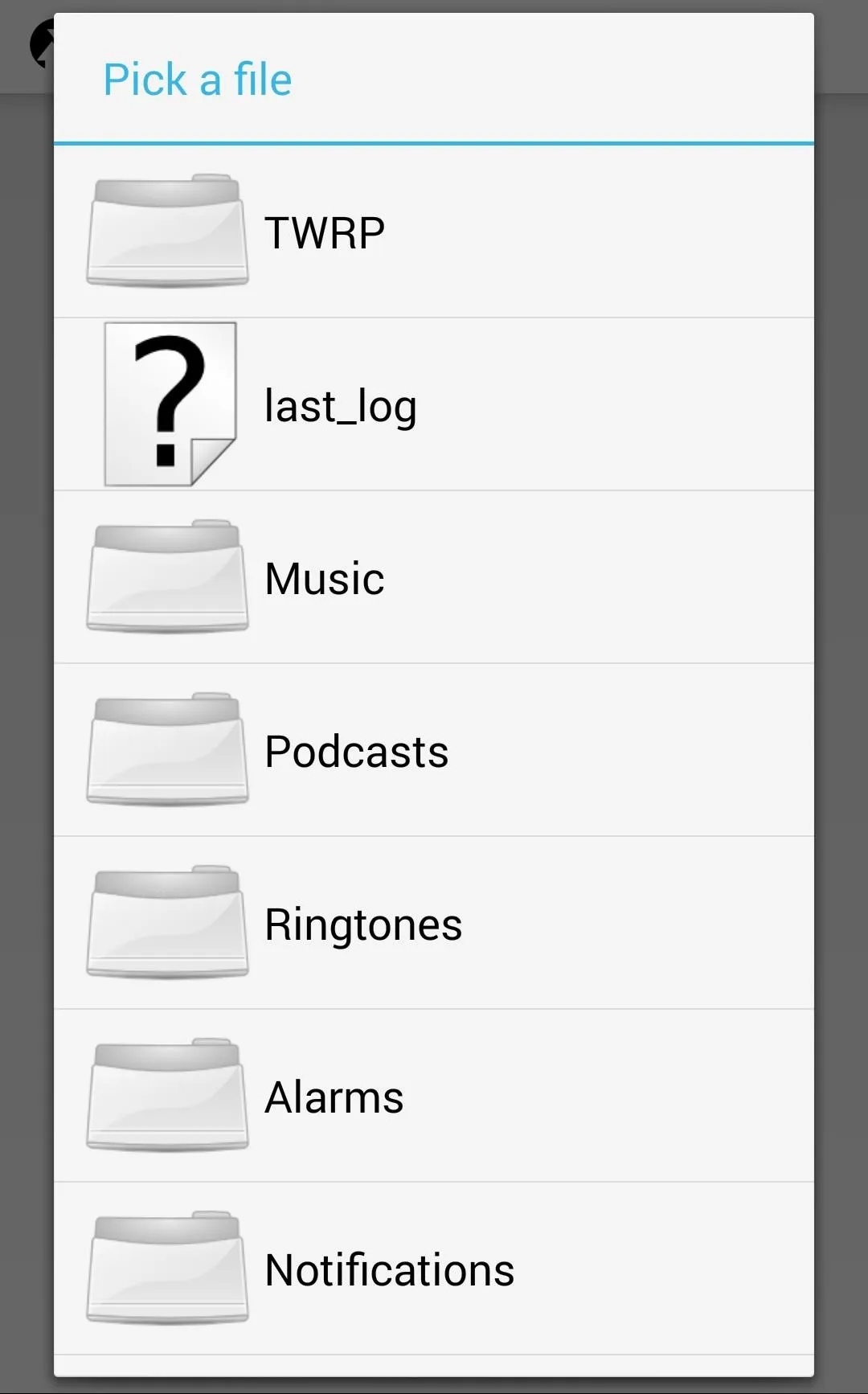 File selection interface showing various folders such as Music, Podcasts, and Ringtones.