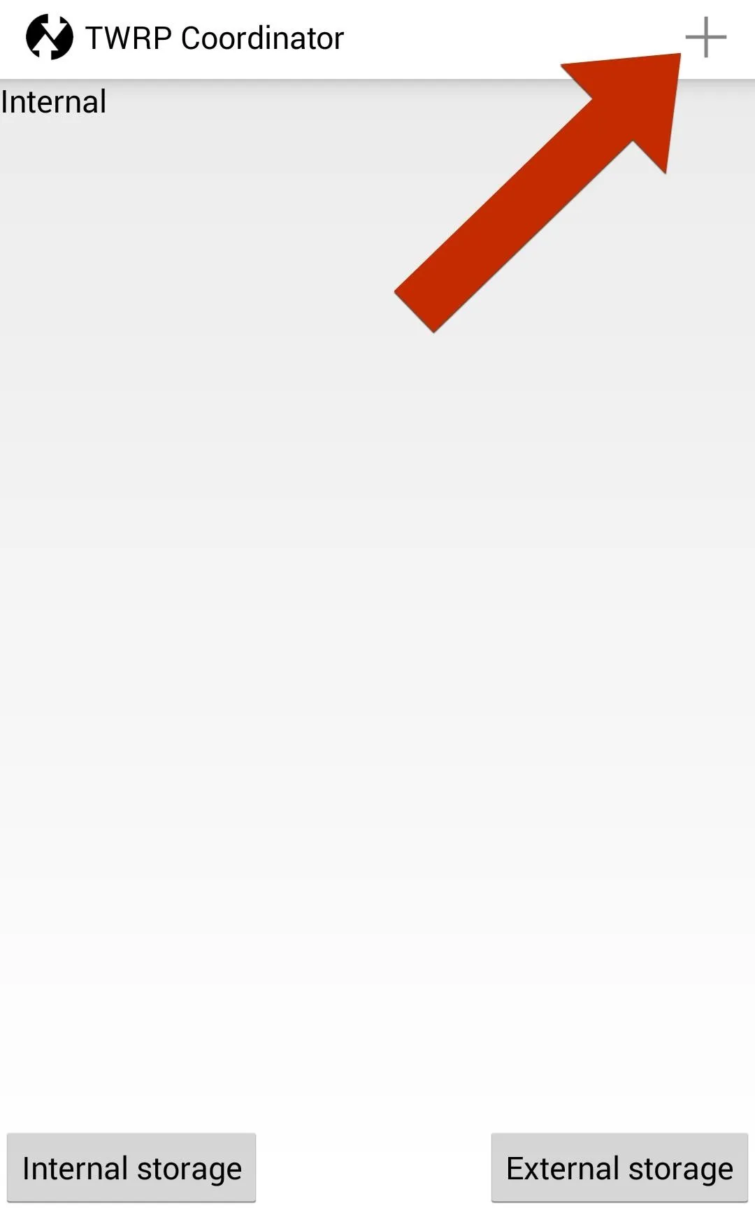 TWRP Coordinator app interface with arrow indicating add button.