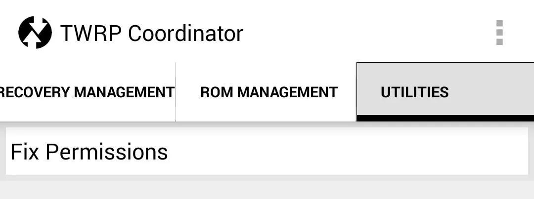 TWRP Coordinator interface showing the "Fix Permissions" utility option.