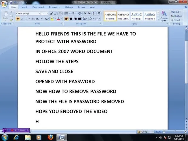 Text instructions for removing password protection from a Word 2007 document.