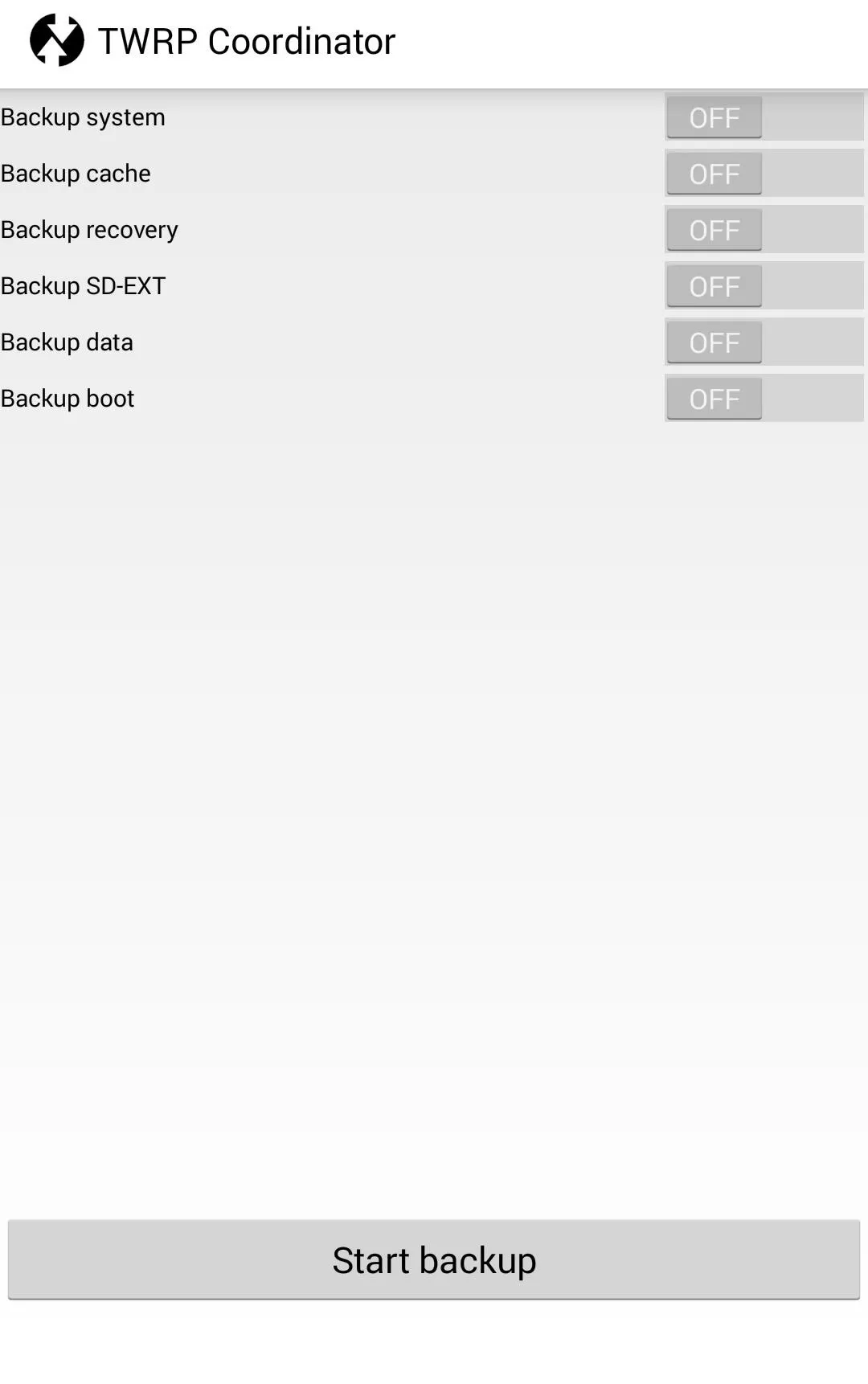 TWP Coordinator app interface showing options for system setup and backup.