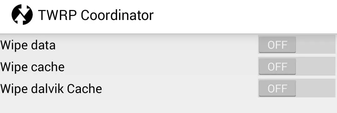 TWRP Coordinator options for wiping data, cache, and dalvik cache.