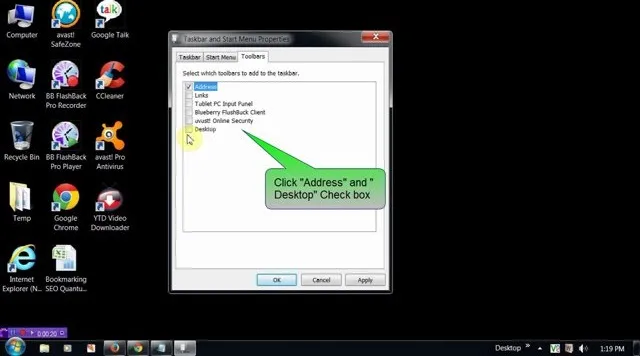 Settings window with instructions to check "Volume" and "Desktop" options.