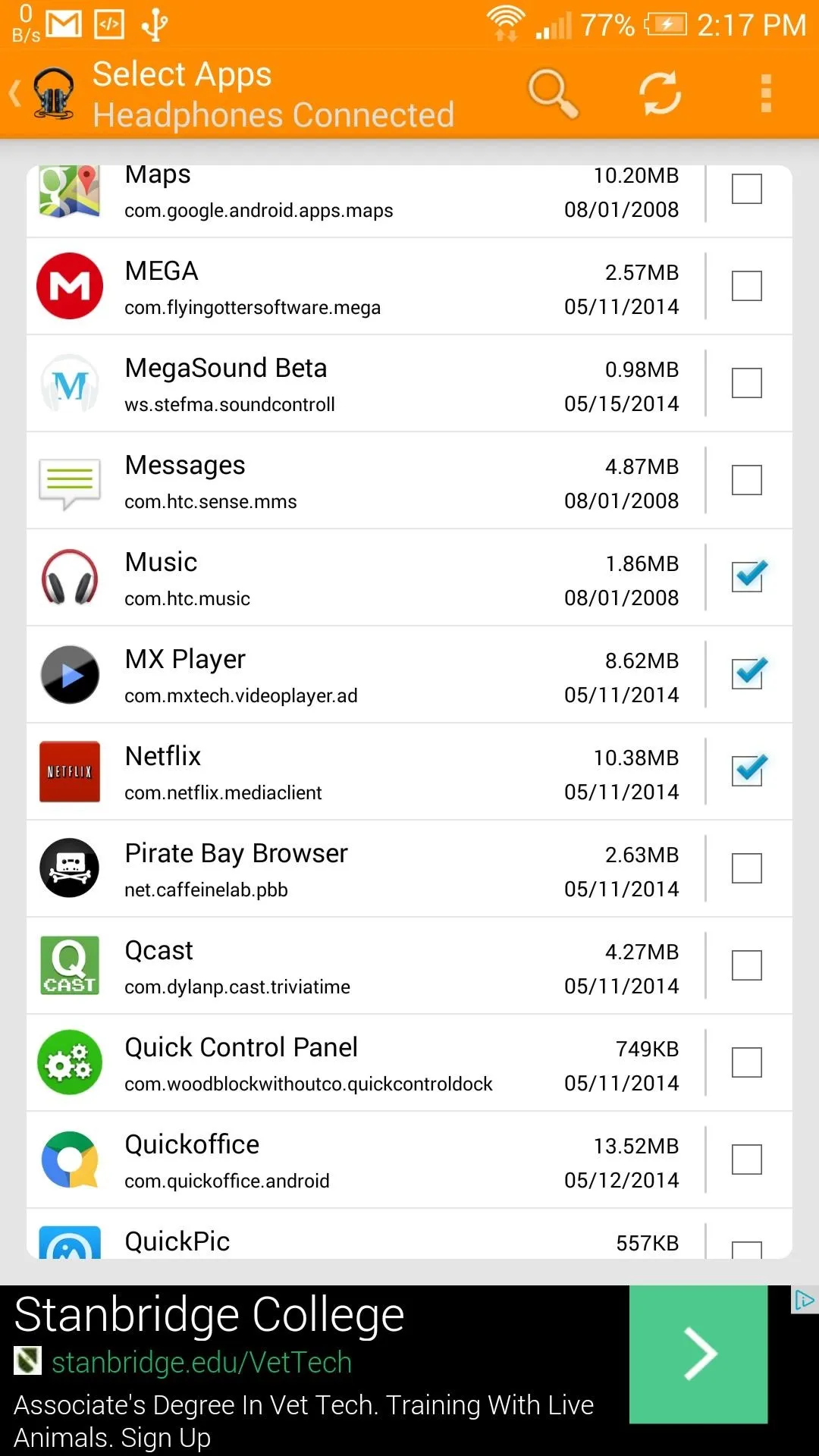 Mobile app list showing various applications with their data usage statistics.