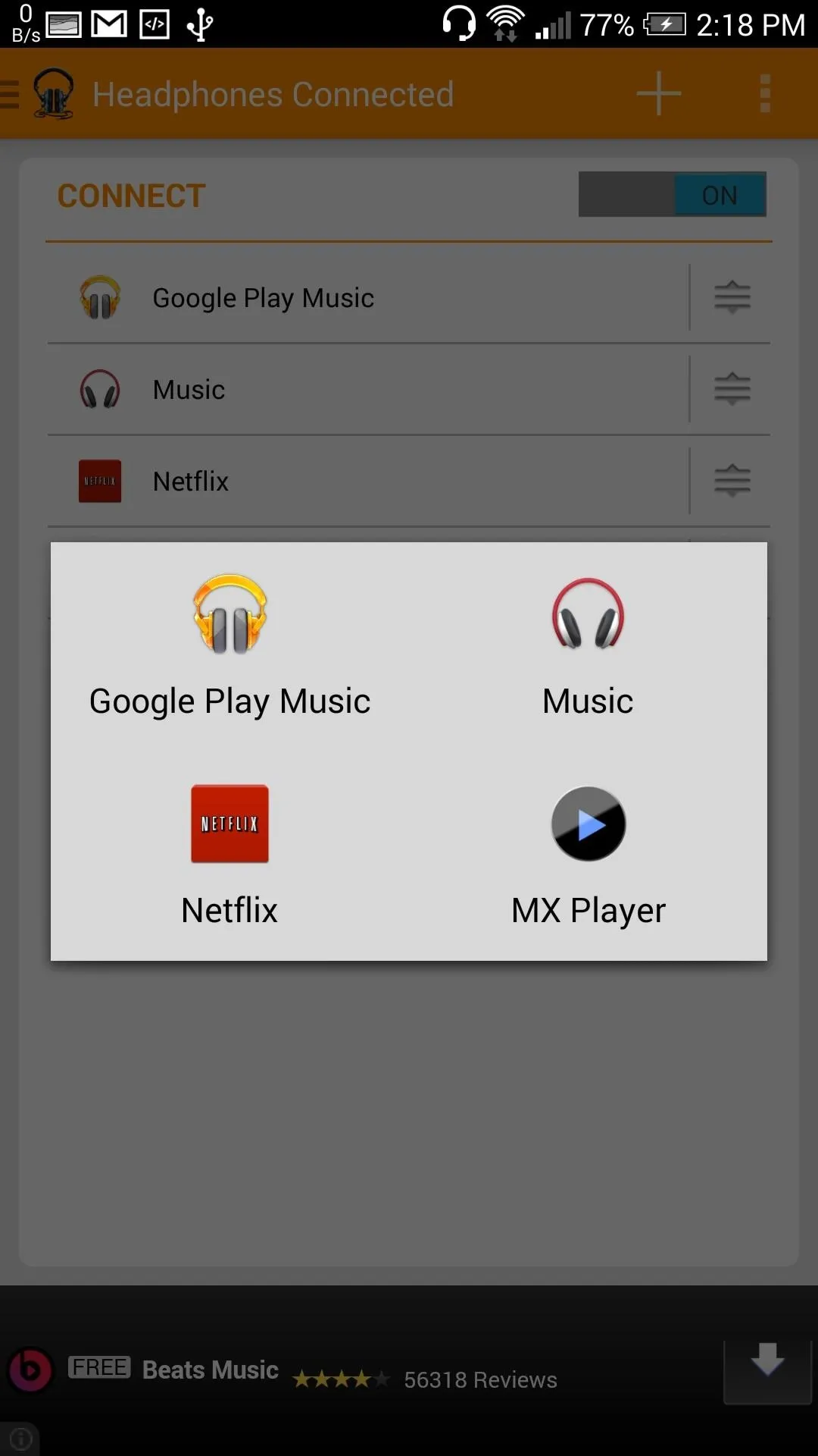 App selection menu featuring Google Play Music, Music, Netflix, and MD Player.