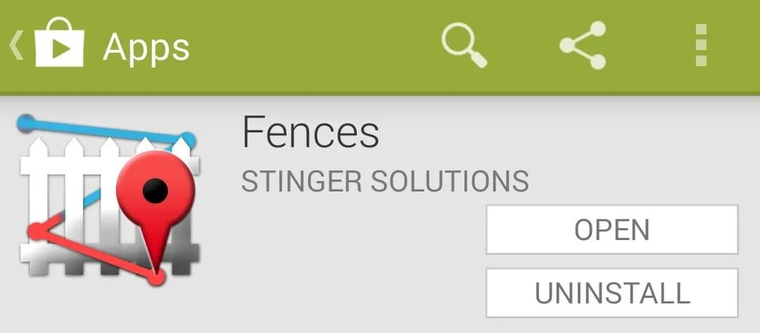 Fences app by Stinger Solutions, featuring options to open or uninstall.