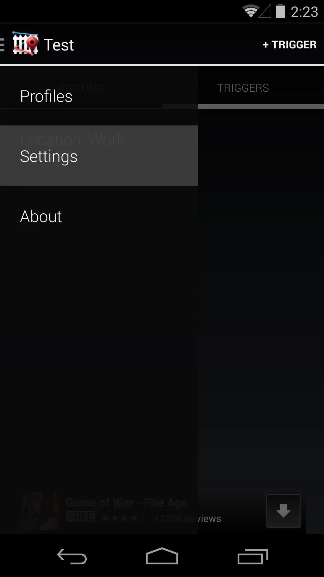 Settings menu on a mobile app.